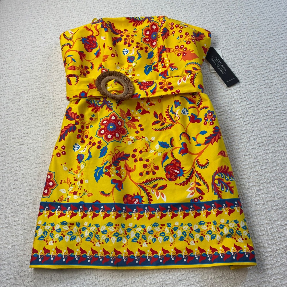 Adrianna Papell Yellow Floral Strapless Belted Mini Dress Size 12 NWT Bright
